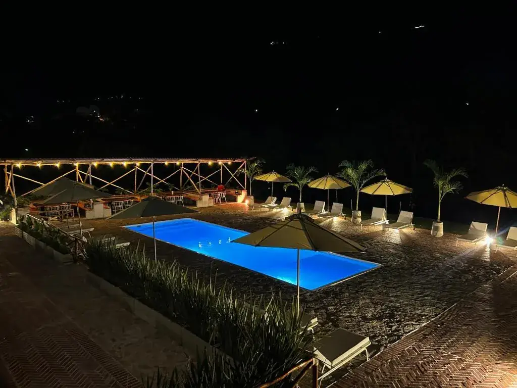 Piscina compartida iluminada de noche, con sombrillas y plantas alrededor