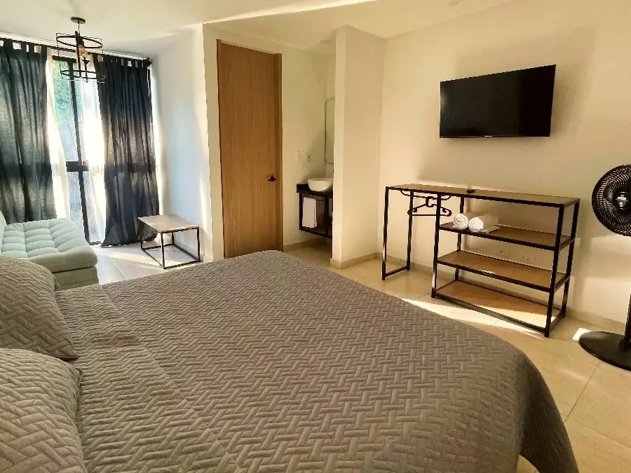 Habitación Individual de Del Río: cama queen, televisor en la pared y ventilador